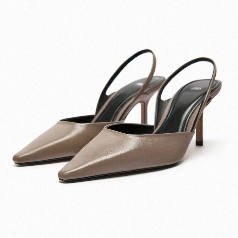 Zara Taupe Leather Slingback Heels